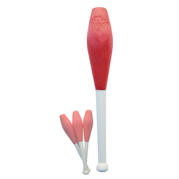 A set of foam juggling clubs with a red handle and white body, connected by a flexible dowel. The clubs are displayed both as a single unit and as a set of 3