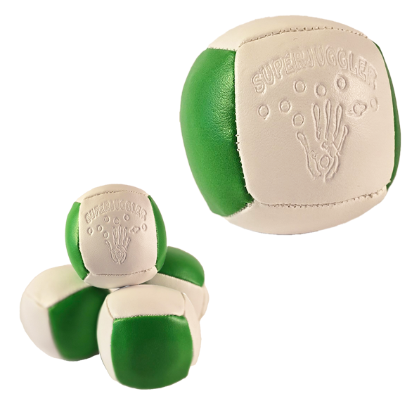 green and white professional juggling balls and bags